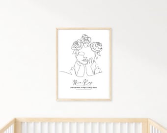 Birth poster, baby flower crown, personalised baby line drawing poster, nursery art, kids decor, wall art