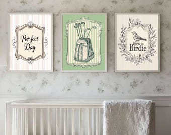 Juego de 3 impresiones de golf para habitación infantil, decoración de habitación infantil de golf, láminas vintage de campos de golf, arte de osito de peluche.