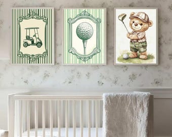 Juego de 3 impresiones de golf para habitación infantil, decoración de habitación infantil de golf, láminas vintage de campos de golf, arte de osito de peluche.