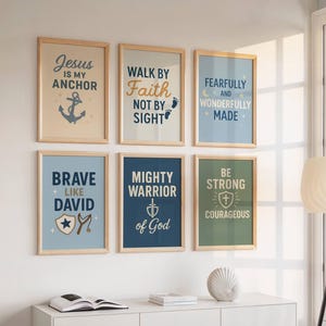 Kids Bible Verse Wall Art Set of 6, Boys Room Decor Christian Prints, Scripture Wall Art Modern Christian Decor, Boys Bible Nursery
