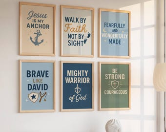 Kids Bible Verse Wall Art Set of 6, Boys Room Decor Christian Prints, Scripture Wall Art Modern Christian Decor, Boys Bible Nursery