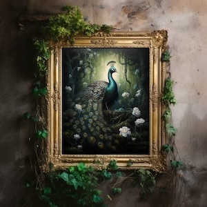Peacock Art | Baroque Botanical Renaissance Wall Decor, Aesthetic Print, Light Academia, CottacgecoreOil Painting