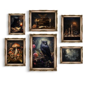 May include: Six framed art prints with ornate gold frames. The prints feature a black cat reading a book, a stack of books with a butterfly, a chessboard with chess pieces, a group of mushrooms, an owl in a forest, and a moonlit forest scene.