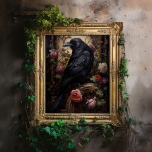 Victorian Raven, Vintage Gothic Poster, Macabre Aesthetic Print, Dark Academia Wall Art, Edgar Allan Poe, Floral Goth Décor