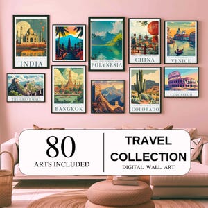 Más de 80 carteles de viajes, impresiones de viajes mundiales, arte digital, decoración estética de habitaciones, ciudades, carteles, impresiones de paisajes, impresiones de viajes vintage