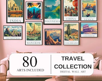 Over 80 Travel Posters, World Travel Prints, Digital Art, Aesthetic Room Decor Cities, Posters Landscape Prints, Vintage Travel Prints