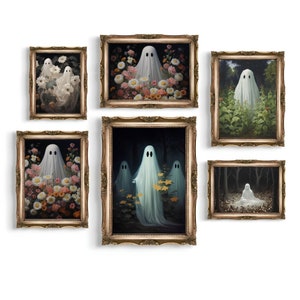 Set of 6 Ghost Prints, Vintage Dark Academia Aesthetic Printable Gallery Wall Art, Flowers, Forest, Ghosts, Digital Download / G265