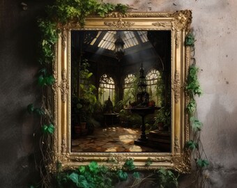 Victorian Conservatory Art | Baroque Botanical Renaissance Wall Decor, Cottagecore Aesthetic, Light Academia Oil Painting, Greenhouse Print