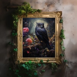 Dark Academia Druck | Florales Eulen-Dekor-Zimmer, viktorianisches Ölgemälde, Cottagecore-Wandkunst, Hexe ästhetisch, gotisches druckbares Poster