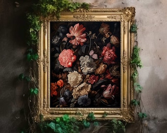 Dark Flowers, Dark Academia Decor, Dark Botanical Print, Vintage Gothic Poster, Goth Macabre Aesthetic Print, Dark Academia Wall Art