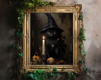 Vintage Black Cat Print | Décor Room, Dark Academia Oil Painting, Cottagecore Wall Art, Witch Aesthetic, Gothic Printable Poster