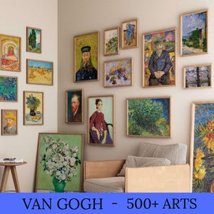 May include: A collection of framed art prints featuring various paintings by Vincent van Gogh. The artworks are displayed on a neutral wall, with a sofa and side table in the foreground. The text "VAN GOGH - 500+ ARTS" is at the bottom.