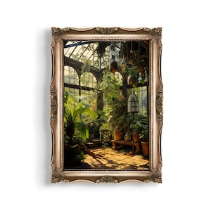 Greenhouse Art Print | Baroque Botanical Renaissance Wall Decor, Cottagecore Aesthetic, Light Academia, Victorian Conservatory Oil Painting