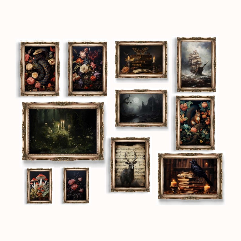 May include: A collection of 10 framed art prints with various themes, including nature, animals, and still life. The frames are all gold and ornate, and the prints are all in a dark, moody style.
