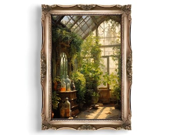 Greenhouse Art Print | Baroque Botanical Renaissance Wall Decor, Cottagecore Aesthetic, Light Academia, Victorian Conservatory Oil Painting