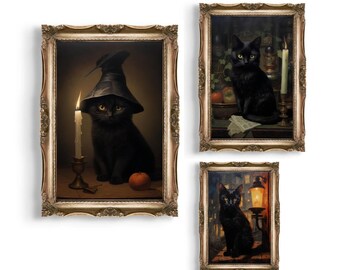 Vintage Black Cat Print | Set of 3, Décor Room, Dark Academia Oil Painting, Cottagecore Wall Art, Witch Aesthetic, Gothic Printable Poster