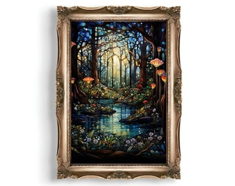 Bosque encantado / Bosque espiritual, Impresión forestal, Pintura fantástica, Río en el bosque, Arte mural de bosque mágico, Arte fantástico, Fairycore