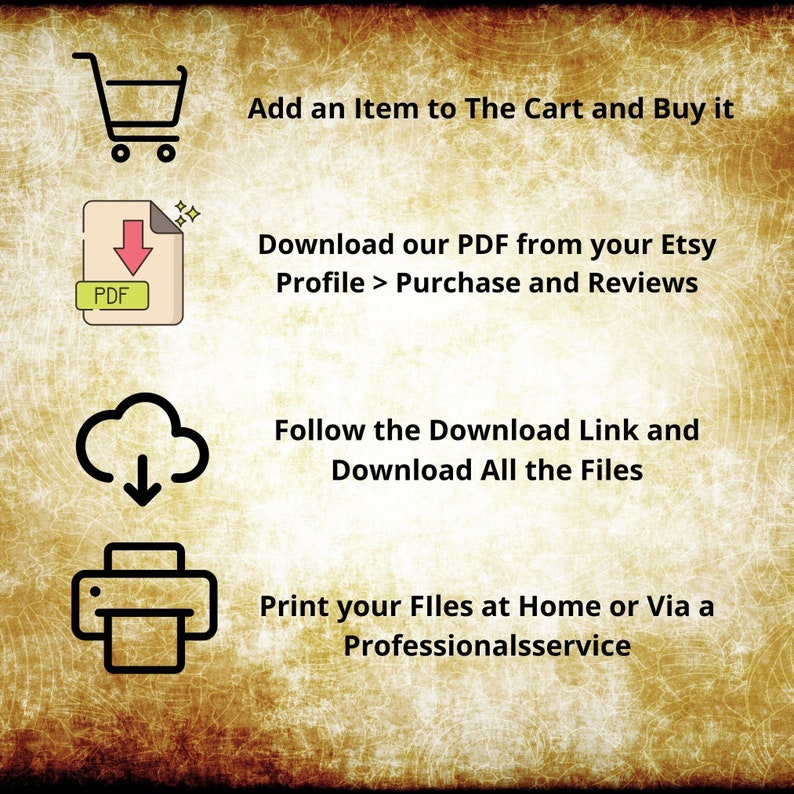 May include: A graphic illustration showing the steps to download and print a digital product purchased on Etsy. The steps include adding the item to the cart, downloading the PDF from the Etsy profile, following the download link, and printing the files at home or via a professional service.