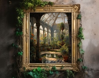 Victorian Conservatory | Baroque Botanical Renaissance Wall Decor, Cottagecore Aesthetic, Light Academia Print, Greenhouse Art Oil Painting
