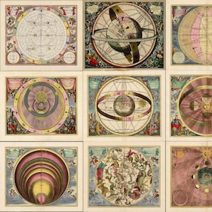 May include: Nine antique celestial charts with detailed illustrations. Each chart features a unique design, including star maps, armillary spheres, and planetary models. The color palette includes shades of pink, yellow, and blue, with intricate details and decorative borders.
