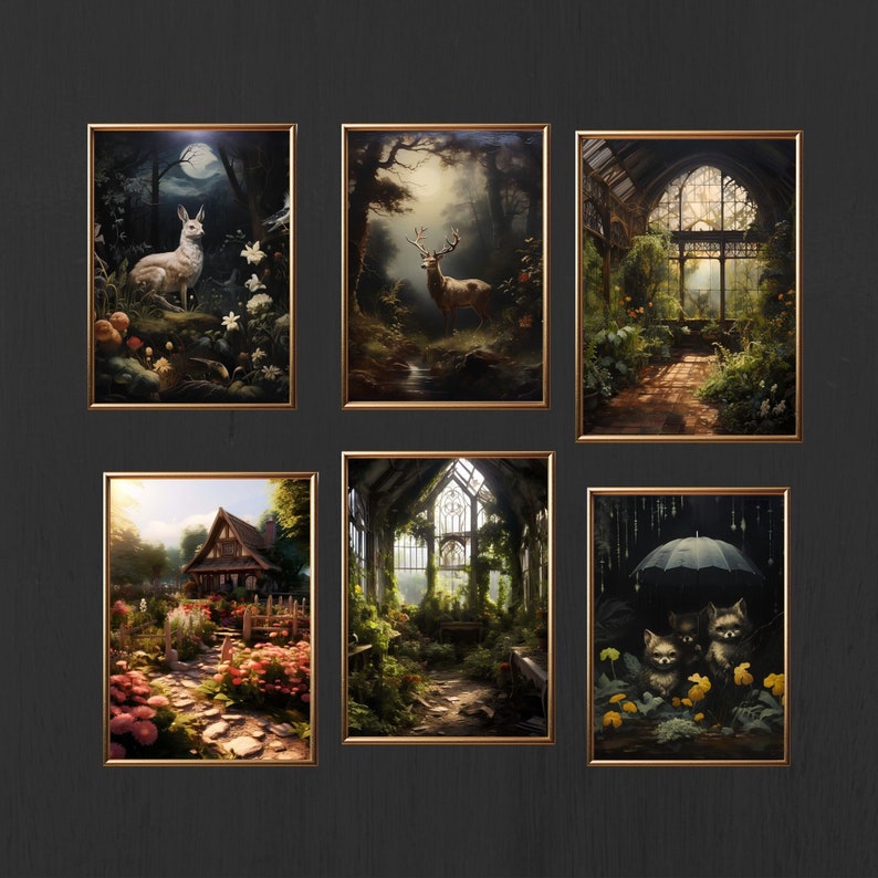 May include: A collection of six framed art prints featuring nature scenes. The prints depict a white rabbit in a forest, a deer in a forest, a greenhouse, a cottage with a garden, a overgrown greenhouse, and two foxes under an umbrella.