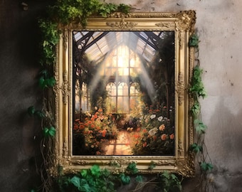 Greenhouse Art Print | Baroque Botanical Renaissance Wall Decor, Cottagecore Aesthetic, Light Academia, Victorian Conservatory Oil Painting