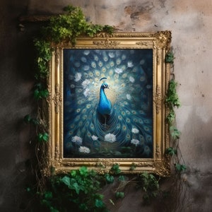 Peacock Art | Baroque Botanical Renaissance Wall Decor, Aesthetic Print, Light Academia, CottacgecoreOil Painting
