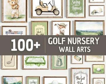 Paquete de arte mural de golf para habitación infantil con más de 100 ilustraciones, decoración de habitación de golf para bebé niño, láminas vintage de campos de golf, set imprimible, arte de osito de peluche