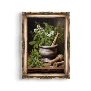 Mortar and Pestle | Baroque Botanical Renaissance Wall Decor, Cottagecore Aesthetic, Light Academia, Victorian Conservatory Oil Painting