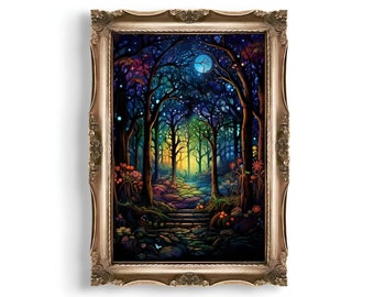 Bosque encantado / Bosque espiritual, Impresión forestal, Pintura fantástica, Río en el bosque, Arte mural de bosque mágico, Arte fantástico, Fairycore