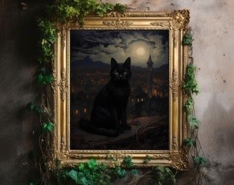 Vintage Black Cat Print | Décor Room, Dark Academia Oil Painting, Cottagecore Wall Art, Witch Aesthetic, Gothic Printable Poster