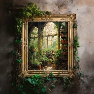 Greenhouse Art Print | Baroque Botanical Renaissance Wall Decor, Cottagecore Aesthetic, Light Academia, Victorian Conservatory Oil Painting