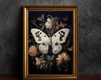 Botanische Motte, Dark Academia Ölgemälde Ästhetik, Cottagecore Wandkunst, Stimmungsvolles Blumendruckbares, Goblincore-Dekor, Fairycore Druck