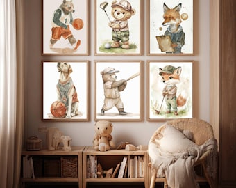 Väggkonst med sportmotiv för barnrum, preppy babyrumsdekor, vintage golf, basket, fotboll, baseboll, set med 8 utskrivbara konstposters
