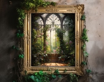 Greenhouse Art Print | Baroque Botanical Renaissance Wall Decor, Cottagecore Aesthetic, Light Academia, Victorian Conservatory Oil Painting