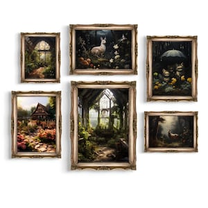 May include: Six ornate gold frames with different nature scenes. The frames are arranged in a grid pattern on a white background. The scenes include a forest with a deer, a greenhouse with overgrown plants, a cottage with a garden, a forest with a rabbit, a forest with a raccoon and a forest with a raccoon and a squirrel.
