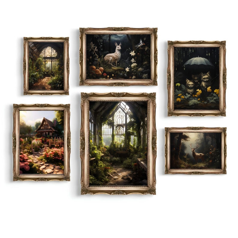 May include: Six ornate gold frames with different nature scenes. The frames are arranged in a grid pattern on a white background. The scenes include a forest with a deer, a greenhouse with overgrown plants, a cottage with a garden, a forest with a rabbit, a forest with a raccoon and a forest with a raccoon and a squirrel.