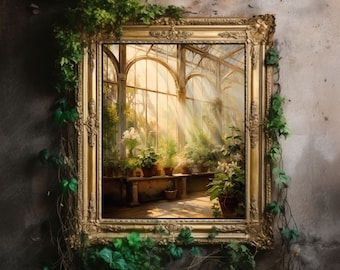 Greenhouse Art Print | Baroque Botanical Renaissance Wall Decor, Cottagecore Aesthetic, Light Academia, Victorian Conservatory Oil Painting