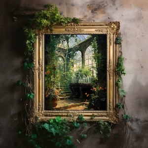 Greenhouse Art Print | Baroque Botanical Renaissance Wall Decor, Cottagecore Aesthetic, Light Academia, Victorian Conservatory Oil Painting