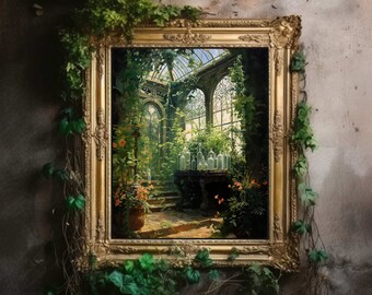 Greenhouse Art Print | Baroque Botanical Renaissance Wall Decor, Cottagecore Aesthetic, Light Academia, Victorian Conservatory Oil Painting