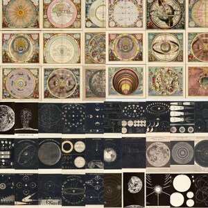 May include: A collection of vintage astronomical charts and diagrams. The images feature colorful depictions of planetary systems, celestial bodies, and astronomical phenomena. The charts are in various sizes and styles, with detailed illustrations and text.