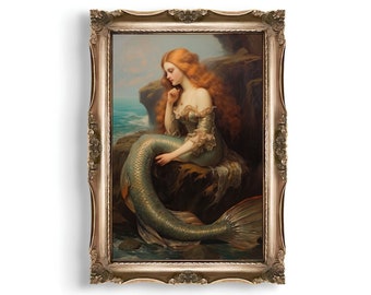 Meerjungfrau Wand Kunst | Dark Academia Decor, Vintage schwermütige antike Kunst, Nautische Wandkunst, Ölgemälde Druck, Küsten- und Ozeanästhetik