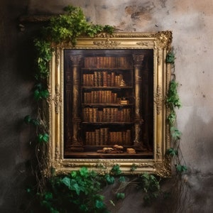 Vecchia biblioteca, arredamento accademico scuro, pittura a olio, stampa d&#39;arte vintage, opera d&#39;arte gotica per la casa