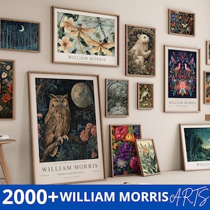 Pode incluir: Uma coleção de gravuras emolduradas com designs inspirados na natureza. As gravuras incluem imagens de libélulas, corujas, flores e paisagens. O texto "WILLIAM MORRIS" é visível em várias gravuras. A parte inferior da imagem diz "2000+ WILLIAM MORRIS ARTS."