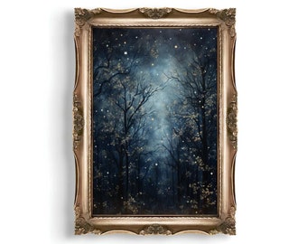 Night | Vintage Celestial Wall Art, Moody Oil Painting Print, Dark Academia Decor, Witchy Aesthetic, Moon and Stars Wall Decor