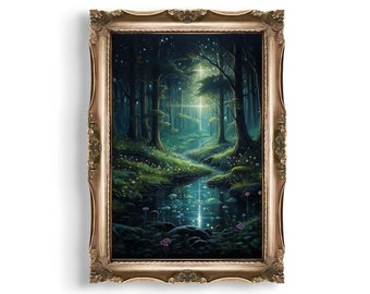 Bosque encantado / Bosque espiritual, Impresión forestal, Pintura fantástica, Río en el bosque, Arte mural de bosque mágico, Arte fantástico, Fairycore