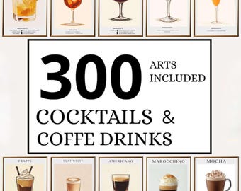 Over 300 Cocktail Posters Bundle, Popular Cocktail Recipes, Cocktail Bar Poster, Cocktail Art, Kitchen Art, Bar Decor Bundle, Downloadable