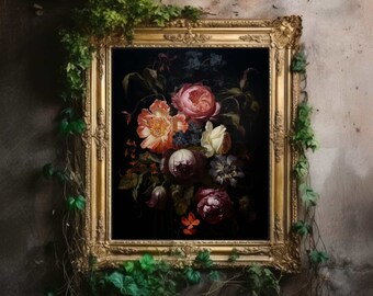 Dark Flowers, Dark Academia Decor, Dark Botanical Print, Vintage Gothic Poster, Goth Macabre Aesthetic Print, Dark Academia Wall Art