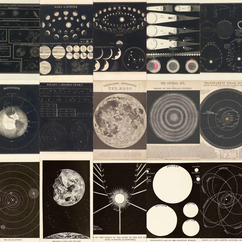 May include: A collection of vintage astronomy charts and diagrams, featuring illustrations of planets, moons, and celestial phenomena. The charts are in black and white, with detailed drawings of the solar system, binary stars, and the moon's appearance.