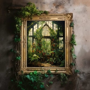 Greenhouse Art Print | Baroque Botanical Renaissance Wall Decor, Cottagecore Aesthetic, Light Academia, Victorian Conservatory Oil Painting